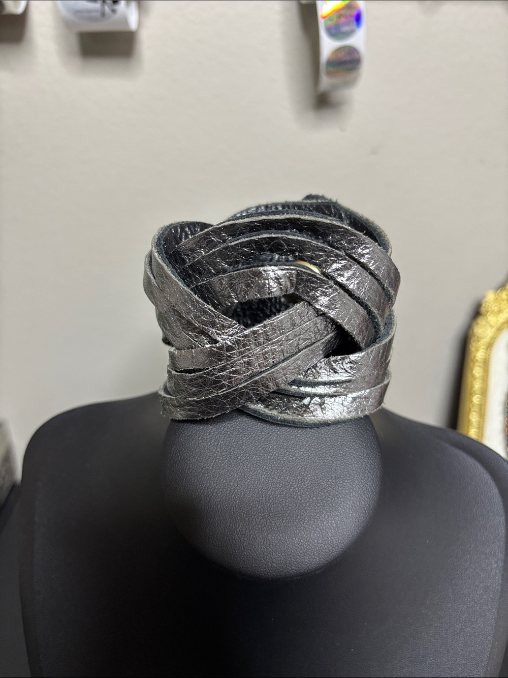 Braided Metallic Silver Black Reversible Leather Cuff Bracelet